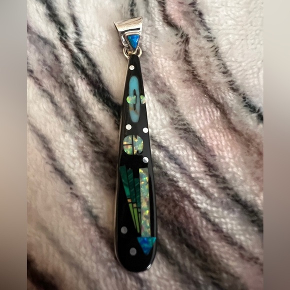 ❤️ Zuni Galaxy Native American Multi-stone Inlaid Sterling Pendant Signed “LU” - Picture 8 of 12